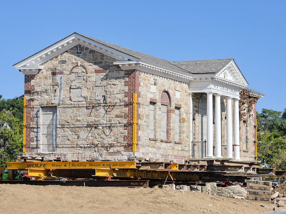 End view of the 110-year-old stone and brick New Canaan library