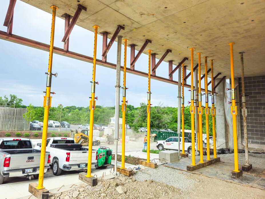 Buckingham jacking-shoring posts support the roof of a building