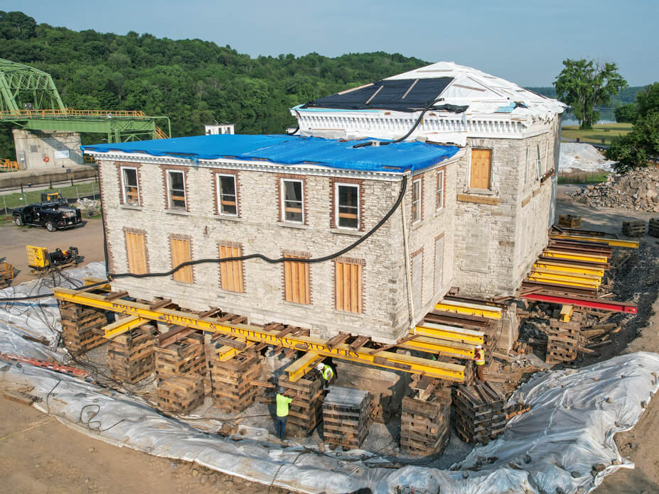 Aerial end view of Guy Park Manor with crib and beams